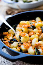 Gnocchi Skillet With Sweet Potatoes Greens Goat Cheese Recipe Recipes Best Vegetarian Recipes Vegetarian Recipes