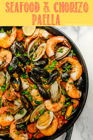 Seafood Chorizo Paella Girl With The Iron Cast Recipe Seafood Paella Paella Recipe Seafood Paella Recipe