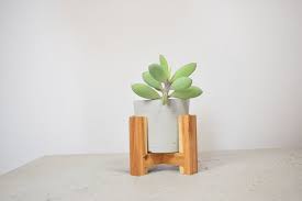 Modern Concrete Pot Pot With Plant Stand Cherry Wood Stand Etsy Plant Stand Plant Stand Indoor Wood Plant Stand