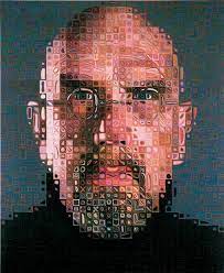 He constructs the paintings through a grid system, in where each square on the canvas corresponds with a squared off cell on the reference photograph. Chuck Close Self Portraits 1967 2005