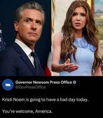 New this morning ☀️ California Governor Gavin Newsom seems to have something in store for Kristi Noem. He did not elaborate. Republicans on X are accusing him of “threatening her life” —