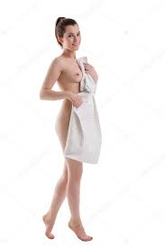 Body care. Smiling nude woman hiding behind towel Stock Photo by ©Wisky  70060957