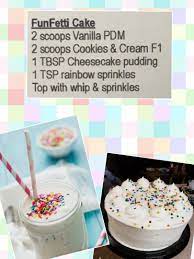 Birthday cake shake w/ 24g protein 2 scoops herbalife cookies and cream formula 1 2 scoops herbalife pdm 1 tsp cheesecake jello mix a pinch of sprinkles 8 oz of water and ice to preferred thickness blend and enjoy. Healthy Birthday Cake Shake Ingredients Available At The Link Below Herbalife Recipes Herbalife Shake Recipes Shake Recipes