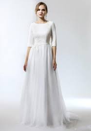 2019 New Simple A Line Long Modest Wedding Dress With 1 2 Sleeves O Neck Tulle Skirt Informal Simple Bridal Dresses Modest Wedding Dresses Modest Wedding Gowns