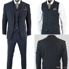 Men's 2 button rare color light than dark navy blue suit for men (not dark) teal wool feel business ~ wedding 2 piece side vented 2 piece suits for men with flat front pants $ 165. Wedding Formal Occasion Mens Herringbone Tweed Navy Blue Check 3 Piece Wool Suit Peaky Blinders Tan Cosys Cc