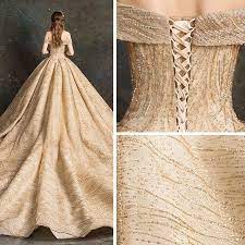 Luxury Gorgeous Gold Wedding Dresses 2019 Ball Gown Off The Shoulder Short Sleeve Backless Beading Glitter Tulle Cathedral Train Ruffle Gold Wedding Dress Debut Gowns Ball Gowns Wedding