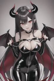 Dopamine Girl - sexy anime girl, devil horns, black bat wings, holding  chain in hands, red eyes, black tail, red latex suit, long black hair  DXb14P6rzKg
