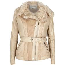 River Island Cream Leather Look Fitted Biker Jacket 170 Liked On Polyvore Featurin Beige Faux Leather Jacket Fitted Biker Jacket Fur Collar Leather Jacket