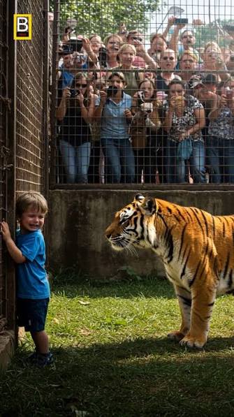 This child who entered the tiger's cage illegally reacted like this to the tiger!🥺 #tiger #boy #zoo #animals