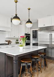 Dark Brown Island With Hicks Pendants Transitional Kitchen