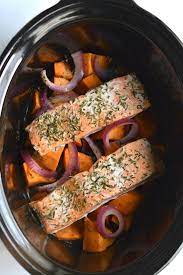 Slow Cooker Balsamic Salmon And Sweet Potatoes Sizzlefish In 2021 Crockpot Salmon Recipe Recipes Salmon And Sweet Potato