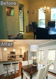 In this case, taking down walls allowed the homeowners to add a bigger island, a cozy banquette eating area, and a convenient home office. Taking The Wall Down Between The Kitchen And Dining Room To Open It All Up Splitlevel Small Kitchen Renovations Kitchen Dining Room Combo Dining Room Combo