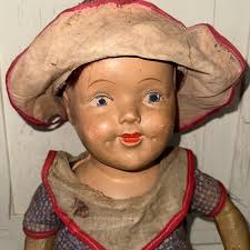 Antique Composition Doll Flapper Girl Blue Eyes Cloth Outfit Hat Shoes