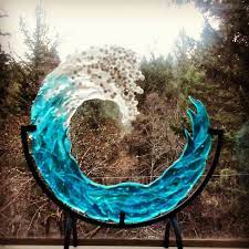 3d Ocean Wave 10 Inch Cremation Ashes Infused Glass Memorial Art Sculpture With Iron Stand Keepsake Memorial Glass Cremation Glass Art Cremation Glass