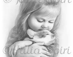 Coloring Page, Digital Stamp, Digi, Little Cute Girl, Realistic Portrait,  Cat, Grayscale. Tenderness