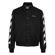 Black And White Jacket Mens Off White Diagonal Stripe Skinny Varsity Bomber Jacket In Black White Modesens Varsity Bomber Jacket Jackets Leather Jacket Men