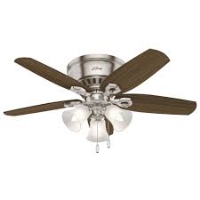 Opt for a hugger ceiling fan with lights to illuminate a room, deck, or patio, or select a low profile fan without lights to perfectly integrate with your existing lighting plan. Hunter Builder 3 Light 42 Indoor Flush Mount Ceiling Fan In Brushed Nickel Lightsonline Com