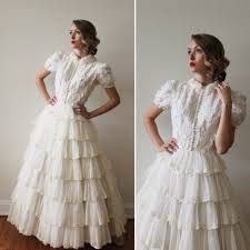 Vintage 1950s 60s Short Sleeved Wedding Dress With Tiered Ruffle Skirt Short Sleeve Wedding Dress
