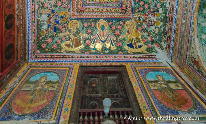 Vibrant fresco paintings inside Shekhawati havelis, AI generated