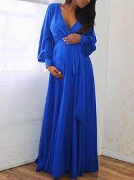 Blue Sashes Draped Deep V Neck Lantern Sleeve Baby Shower Elegant Party Maternity Dress Blue Maternity Dress Stylish Maternity Outfits Pregnant Party Dress