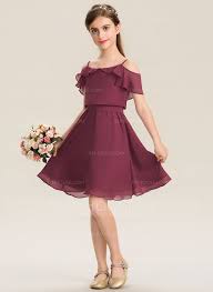 Us 58 00 A Line Off The Shoulder Knee Length Chiffon Junior Bridesmaid Dress With Bow S Cascading Ruffles Jj S House Kids Fashion Dress Dresses Kids Girl Kids Designer Dresses
