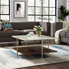Mid Century Modern Glam Square Coffee Table Faux White Marble Dark Walnut Gold Saracina Home Coffee Table Coffee Table Square Mid Century Coffee Table