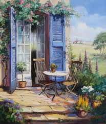 Eine Landliche Sommerterrasse Mit Tisch Und Holzstuhlen Bodentiefe Fenster M Watercolor Architecture Garden Painting Art Painting