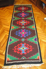 Beautiful Antique Long And Narrow Traditional Romanian Woven Wool Carpet Rug With Geometrical Pattern Hand Woven In Northern Dokuma Kilim Desenler