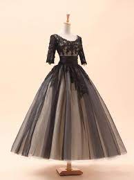 3 4 Sleeves Champagne Lining With Black Lace Overlay Tea Length Formal Occasion Dress Black Ball Gown Black Prom Dresses Bridal Ball Gown