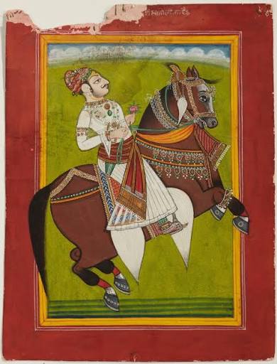 Miniature of Thakur on horseback – School of Karauli India, early 19th century (ca. 1800–1820) Sketch on paper.
