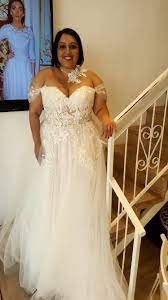 Real Plus Size Bride In A Corset Strapless Ball Wedding Gown With Off Shoulder Sleeves Fr Wedding Dresses Strapless Cheap Beach Wedding Dresses Plus Size Bride