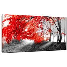 Black And White Canvas Prints Of Trees Wall Art Painting Canvas Print Contemporary Red Tree In Black And White Style Fall Landscape Picture Modern Giclee Stretche Tree Canvas Red Tree Wall Art Decor