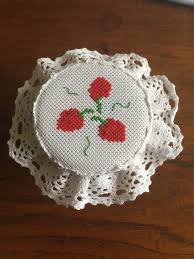 Superior customer service · finest patterns & kits · pay by check Cross Stitched Strawberry Jar Topper Handmade Etsy Cross Stitch Stitch Handmade