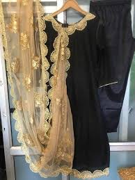 Black And Gold Party Dress Pakistani Black Salwar Kameez Suit Golden Embroidered Net Dupatta Indian Etsy Black Salwar Kameez Black And Gold Outfit Blouse Designs