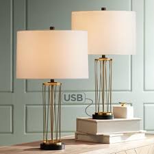 Consciot usb bedside table lamp, beige square fabric shade nightstand lamp with 2 usb charging ports & one outlet, desk lamp with pull yueximei touch control usb table lamp,3 way dimmable touch lamps with usb charging port,modern night stand lights for bedroom living. Nathan Gold Cage Usb Table Lamps Set Of 2 36w47 Lamps Plus Gold Table Lamp Lamp Sets Table Lamp