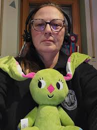 Gerlinde and the hungarian mascot (Kockásfülű Nyúl) at work....skyping with  Nora and Anna