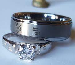 Her Buck Deer His Doe Couples Wedding Engagement Rings Set Bride Grooms Band Engraved Inside Hunters Ring Bangs Mens Wedding Rings Hunting Wedding Rings Vintage Oval Engagement Rings
