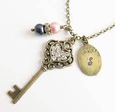 Personalized Crystal Key Necklace With Navy Blue And Mauve Swarovski Pearls Handmade Keys Vint Personalized Key Necklace Stamped Key Necklace Key Necklace