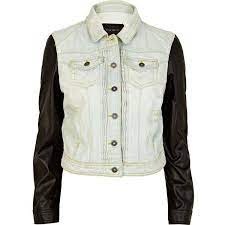 River Island Light Wash Leather Look Sleeve Denim Jacket Vegan Leather Jacket Cropped Faux Leather Jacket Denim Jacket