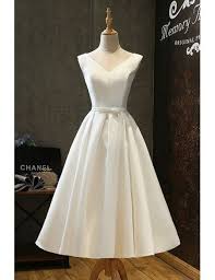 Vintage Satin Chic Tea Length Ivory Wedding Dress Simple With Lace Up E9844 Gemgrace Com Simple Wedding Dress Short Tea Length Dresses Ivory Wedding Dress