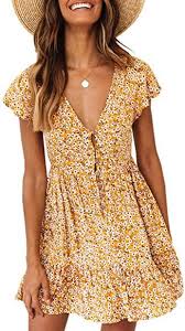 Fiyote Women Summer Loose V Neck Floral Print Short Sleeve Casual Mini Short Sundresses Small Size Yellow Mini Dress Casual Fashion Mini Skater Dress