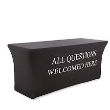Amazon Com Buybility 6 Foot Black Spandex Table Cover All Questions Welcomed Here Printed On The Front Lycra P Vendor Displays Rectangular Table Table Covers