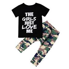 Infant Baby Boy Cotton Letter Shirt Top Camouflage Pant Summer Clothes Suit