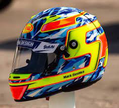 Design By Arai Ck 6 For Racer From Ukraine Sushko Mark The Design Perform In Basic And Fluorescent Colo Racing Helmets Custom Helmets Biker Helmets