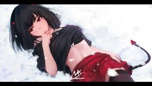 This hd wallpaper is about anime girls, original characters, horns, mx shimmer, original wallpaper dimensions is 1488x2104px, f… Wallpaper Anime Girls Original Characters Black Hair Shoulder Length Hair Horns Red Eyes Looking Away Demon Girls Fantasy Girl Tail T Shirt Lingerie Bra Black Bras Belly Miniskirt Stockings Lying On