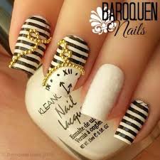 Nails Clock Time Gold Beaded White Stripes Nail Art New Years Eve Nails Nail Designs New Year S Nails
