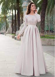 109 19 Winsome Lace Satin Jewel Neckline Long Sleeves A Line Evening Dress In 2020 Prom Dresses Long With Sleeves Prom Dresses With Sleeves A Line Prom Dresses