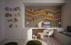 Here you will find photos of interior design ideas. Kids Room Long Desk With Drawers Closet Also Connected Bench As Well As Coffee Walls Plus Lacquired Wooden F Study Table Designs Study Room Design Study Table