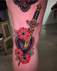 Nice looking dagger and death before dishonor banner with lovely red heart tattoo image. 17 Killer Dagger Tattoo Designs Female Tattooers