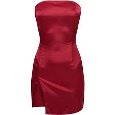 Burgundy Bandeau Satin Split Bodycon Dress 30 Liked On Polyvore Featuring Dresses Red Red Satin Co Satin Bodycon Dress Red Bandeau Dress Red Satin Dress